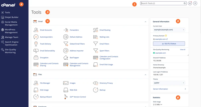 Actual cPanel Jupiter interface showing Email tools, File Manager, FTP Accounts and account information